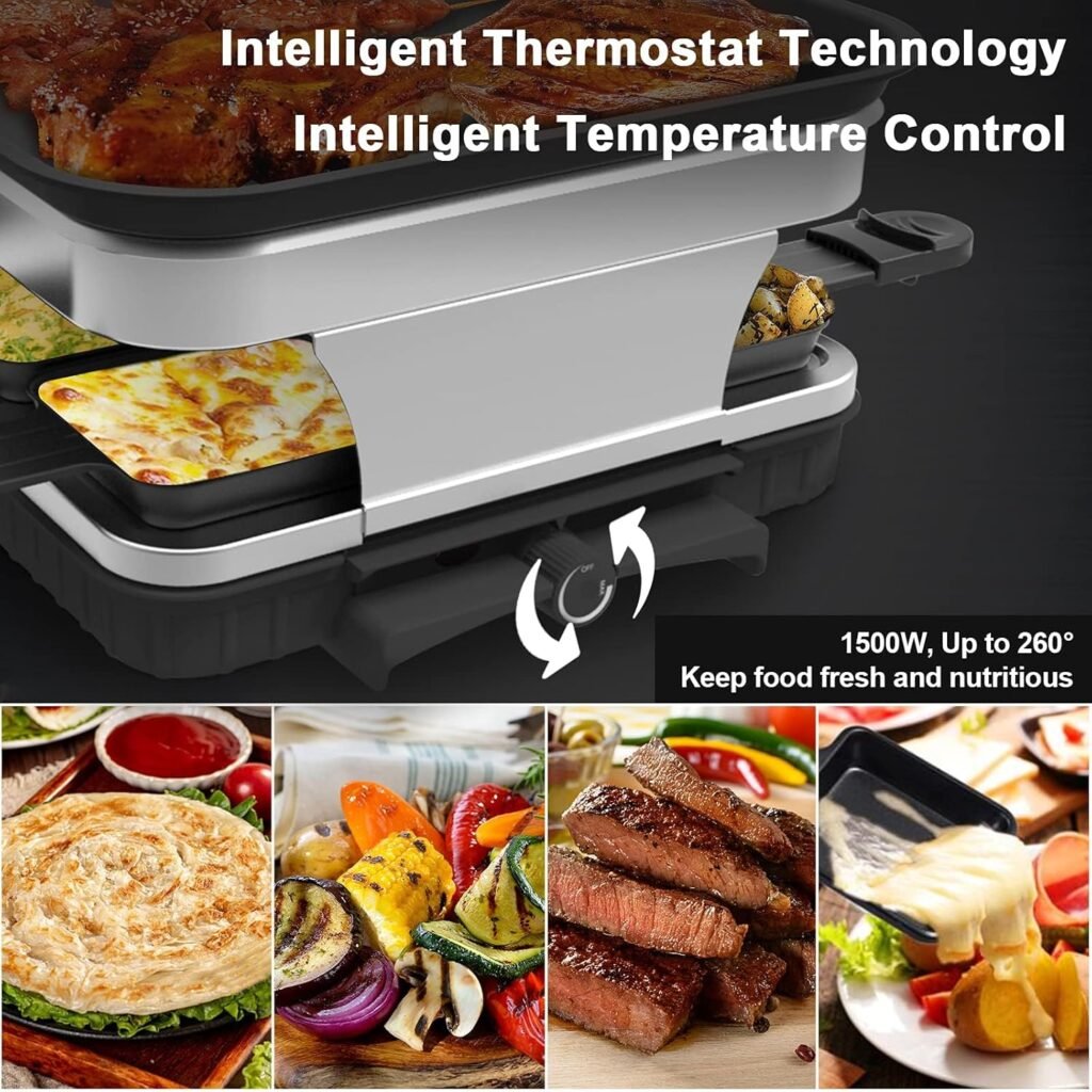 Indoor Grill Smokeless Korean BBQ Grill 2 IN 1 Griddle Electric Grill Raclette Table Grill Kitchen Appliances with 8 Mini Grill Cheese Pans Christmas Gift Removable Non-Stick Temperature Control,1500W