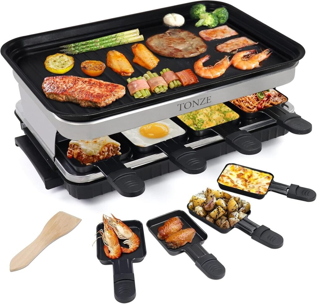 Indoor Grill Smokeless Korean BBQ Grill 2 IN 1 Griddle Electric Grill Raclette Table Grill Kitchen Appliances with 8 Mini Grill Cheese Pans Christmas Gift Removable Non-Stick Temperature Control,1500W