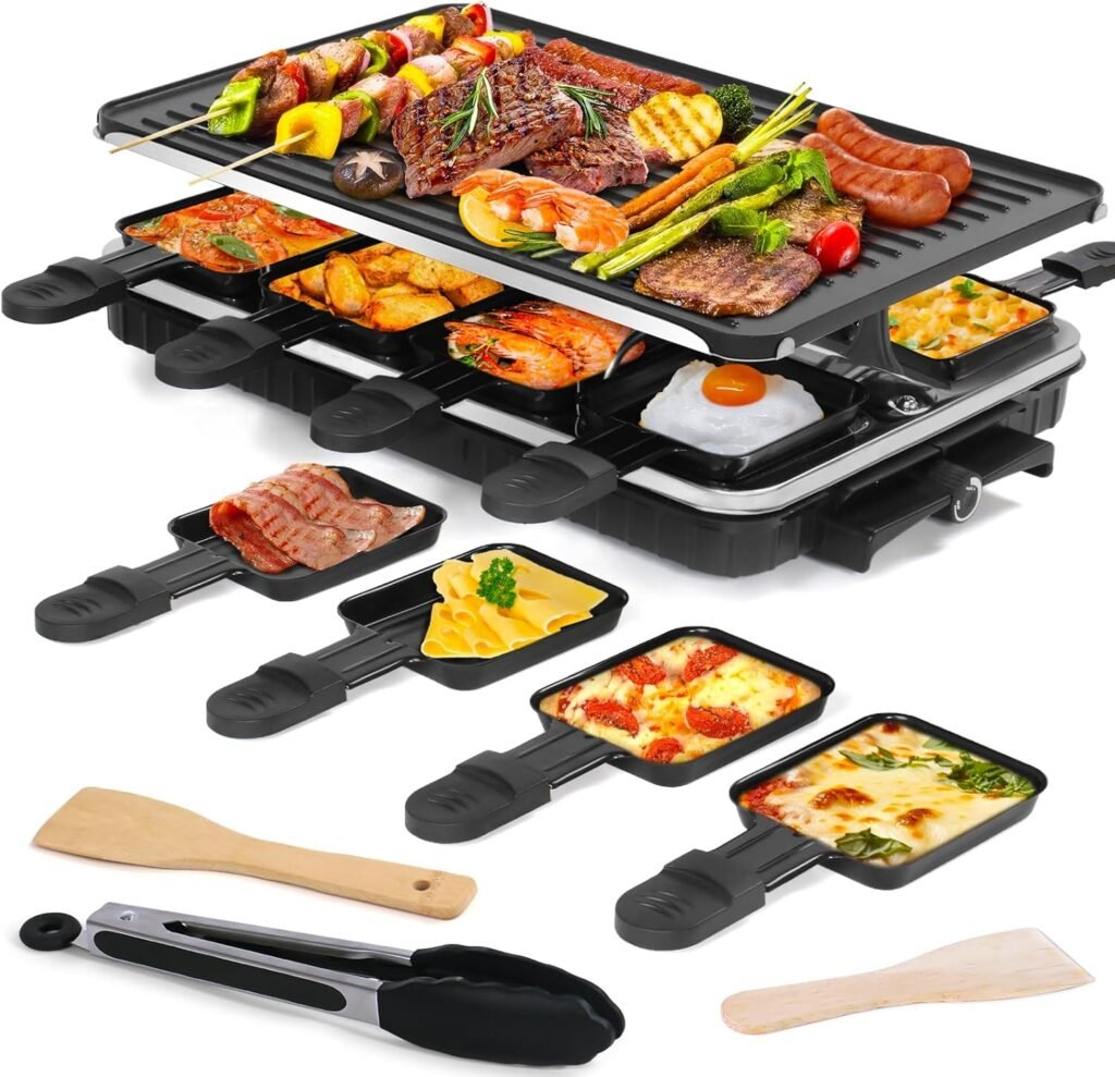 Indoor Grill Smokeless Korean BBQ Grill 2 IN 1 Griddle Electric Grill Raclette Table Grill Kitchen Appliances with 8 Mini Grill Cheese Pans Christmas Gift Removable Non-Stick Temperature Control,1500W