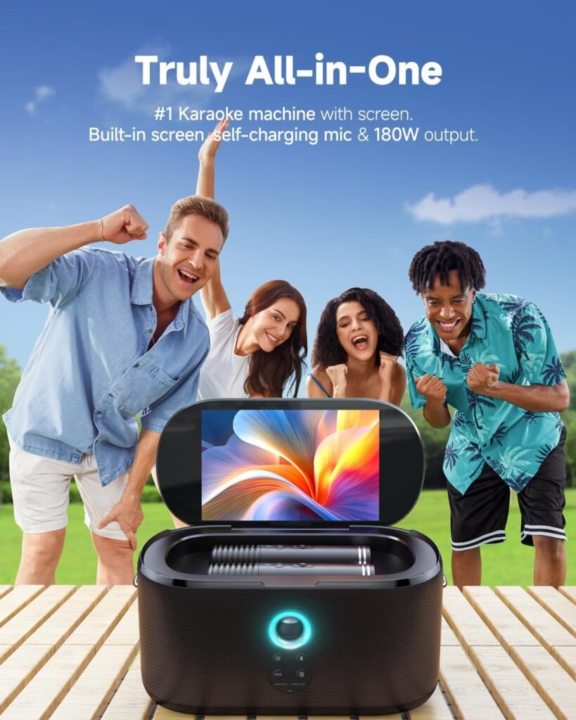 Smart Karaoke Machine, Built-in 10.1 Screen Lyrics Display for Adults Kids, 2 Auto Charging Wireless Microphones, Portable Bluetooth Speaker PA System with WiFi, HDMI for Home TV Outdoor Party
