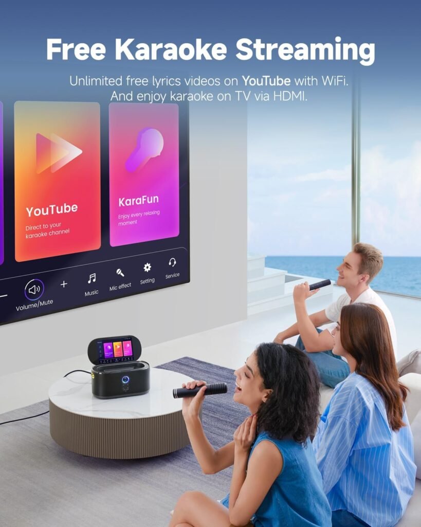 Smart Karaoke Machine, Built-in 10.1 Screen Lyrics Display for Adults Kids, 2 Auto Charging Wireless Microphones, Portable Bluetooth Speaker PA System with WiFi, HDMI for Home TV Outdoor Party
