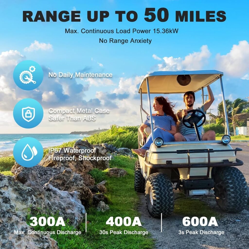 48V 100Ah Lithium Golf Cart Battery Built-in 300A BMS, 15.36kW Output, 8000+ Deep Cycles LiFePO4 Golf Cart Lithium Conversion Kit with 22A Integrated Fast Charger, 2.8 Touch Monitor APP 48V 100Ah Lithium Golf Cart Battery Built-in 300A BMS, 15.36kW Output, 8000+ Deep Cycles LiFePO4 Golf Cart Lithium Conversion Kit with 22A Integrated Fast Charger, 2.8 Touch Monitor APP