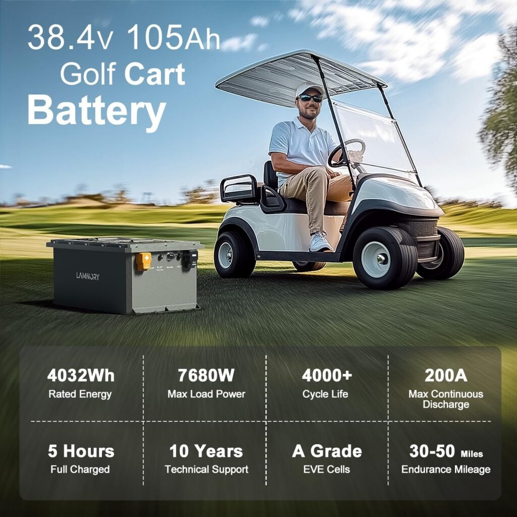 48V 105Ah Lithium Golf Cart Batteries,5376WH Built-in 200A BMS with Touch Monitor  58.4V 21A Charger, 6000+ Cycles Rechargeable 10240W LiFePO4 Battery, Perfect for Golf Carts