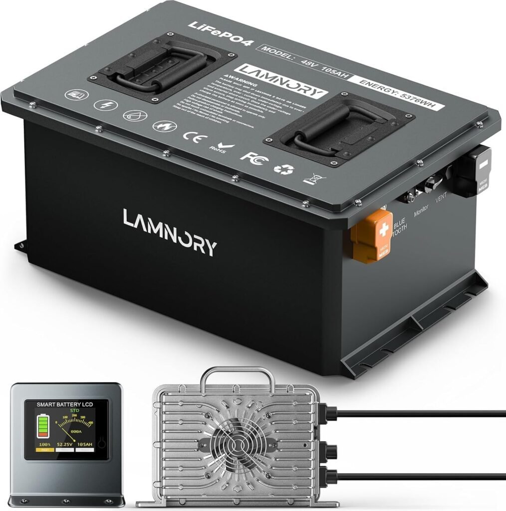 48V 105Ah Lithium Golf Cart Batteries,5376WH Built-in 200A BMS with Touch Monitor  58.4V 21A Charger, 6000+ Cycles Rechargeable 10240W LiFePO4 Battery, Perfect for Golf Carts