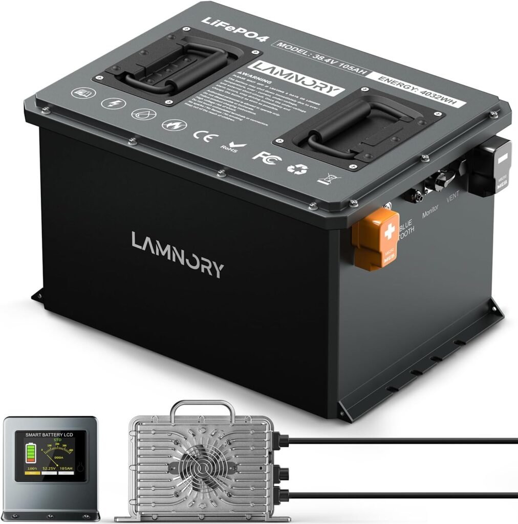 48V 105Ah Lithium Golf Cart Batteries,5376WH Built-in 200A BMS with Touch Monitor  58.4V 21A Charger, 6000+ Cycles Rechargeable 10240W LiFePO4 Battery, Perfect for Golf Carts