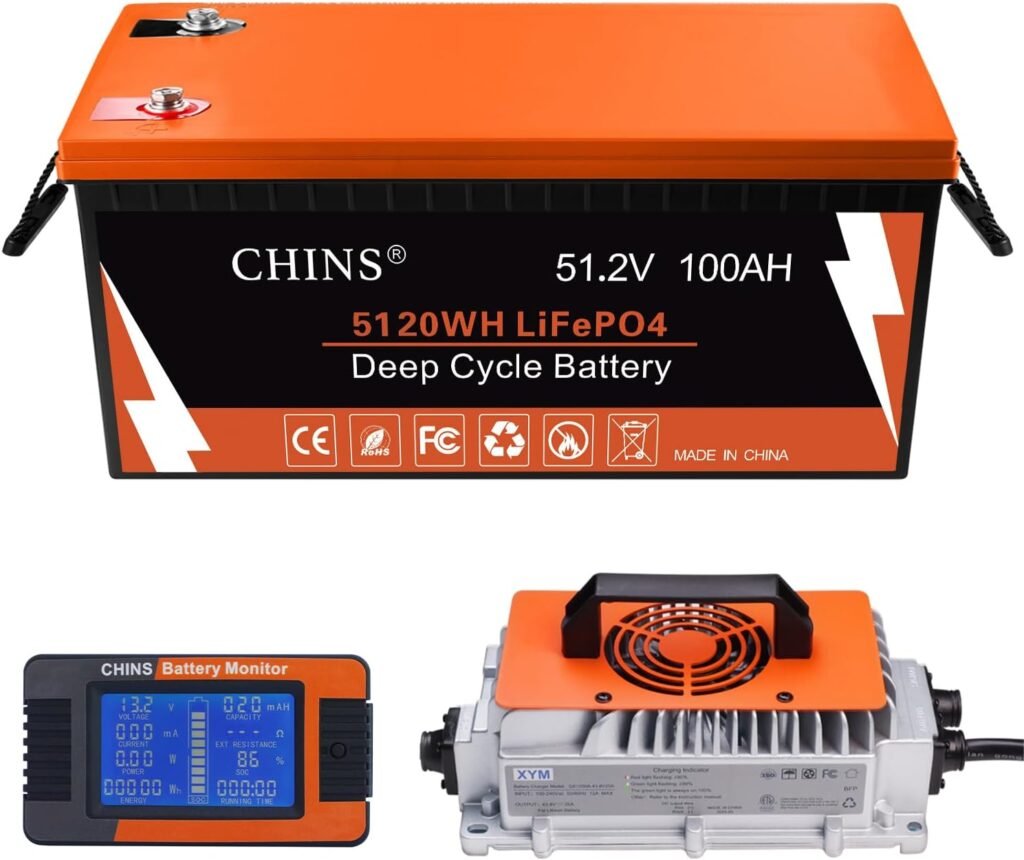 CHINS 48V Lithium Golf Cart Battery, 48 Volt 100Ah LiFePO4 Battery, Built-in Bluetooth 200A BMS, Includes 48V 18A Lithium Battery Charger, Perfect for Golf Carts, Trolling Motors, Marine CHINS 48V Lithium Golf Cart Battery, 48 Volt 100Ah LiFePO4 Battery, Built-in Bluetooth 200A BMS, Includes 48V 18A Lithium Battery Charger, Perfect for Golf Carts, Trolling Motors, Marine