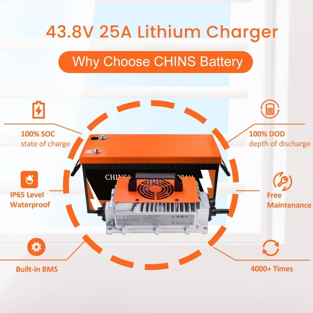 CHINS 48V Lithium Golf Cart Battery, 48 Volt 100Ah LiFePO4 Battery, Built-in Bluetooth 200A BMS, Includes 48V 18A Lithium Battery Charger, Perfect for Golf Carts, Trolling Motors, Marine CHINS 48V Lithium Golf Cart Battery, 48 Volt 100Ah LiFePO4 Battery, Built-in Bluetooth 200A BMS, Includes 48V 18A Lithium Battery Charger, Perfect for Golf Carts, Trolling Motors, Marine