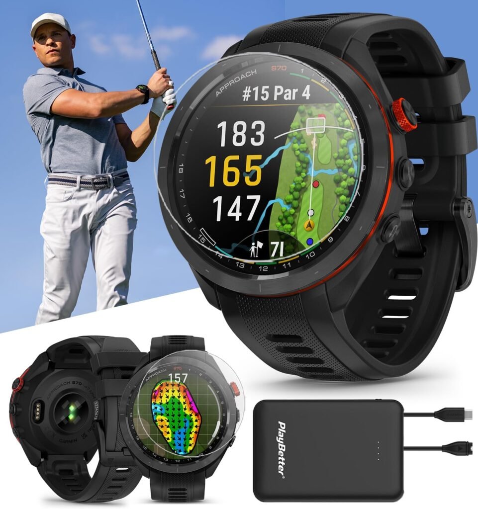 Garmin Approach S70 (Black, 47mm) Golf GPS Watch Bundle - AMOLED Display, Virtual Caddie PlaysLike Distance - Includes PlayBetter 5000mAH Portable Charger Screen Protectors Garmin Approach S70 (Black, 47mm) Golf GPS Watch Bundle - AMOLED Display, Virtual Caddie PlaysLike Distance - Includes PlayBetter 5000mAH Portable Charger Screen Protectors