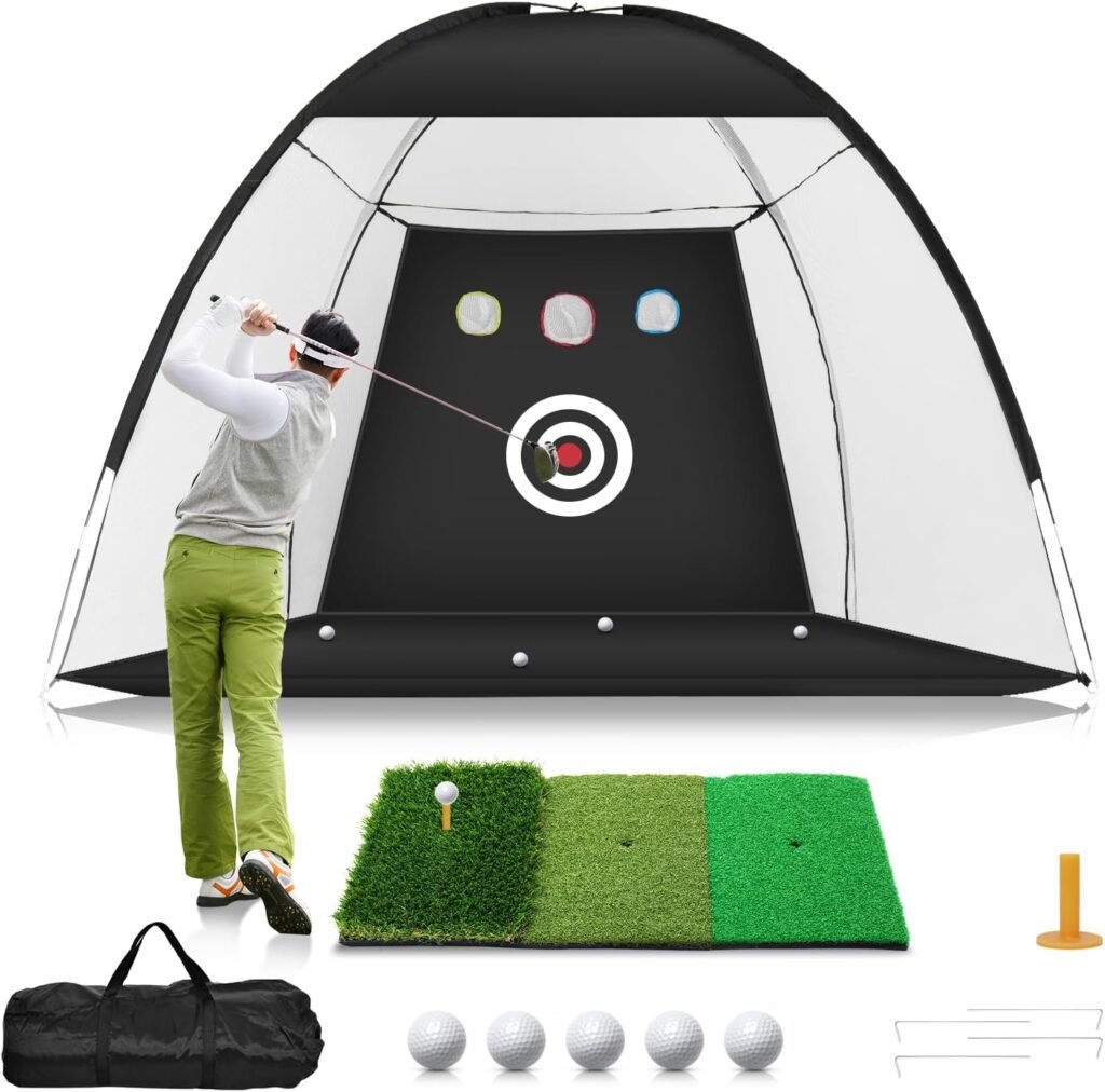 Golf Net, 10x7ft Golf Practice Net with Tri-Turf Golf Mat, All in 1 Home Golf Hitting Aid Nets for Backyard Driving Chipping Swing Training with Target/Mat/Balls/Tee/Bag - Gift for Men/Golf Lovers Golf Net, 10x7ft Golf Practice Net with Tri-Turf Golf Mat, All in 1 Home Golf Hitting Aid Nets for Backyard Driving Chipping Swing Training with Target/Mat/Balls/Tee/Bag - Gift for Men/Golf Lovers