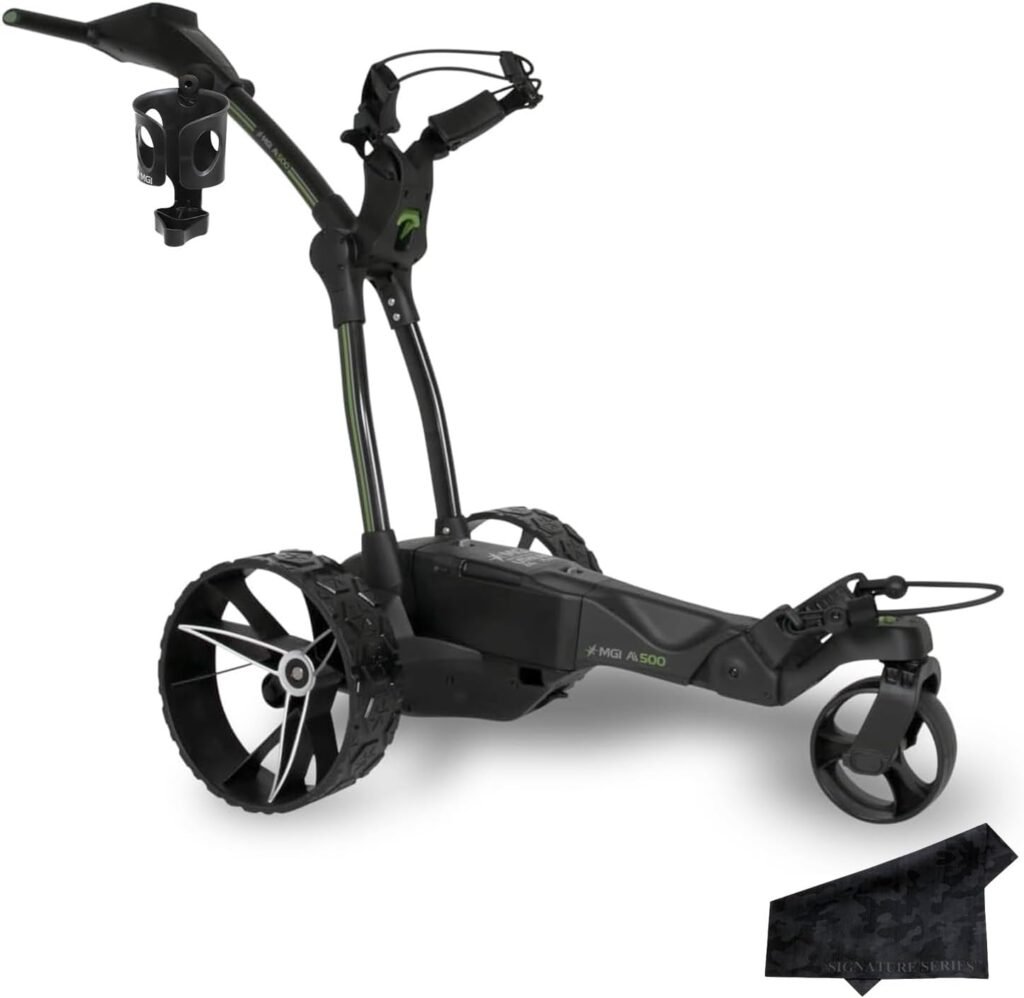MGI Ai 500 GPS Electric Assisted Golf Push Cart | Zip Fold Caddy, 40,000 Courses Worldwide, Plays 36 Holes, Drink Holder, Bluetooth Smart Notifications | Signature Series Microfiber Cloth MGI Ai 500 GPS Electric Assisted Golf Push Cart | Zip Fold Caddy, 40,000 Courses Worldwide, Plays 36 Holes, Drink Holder, Bluetooth Smart Notifications | Signature Series Microfiber Cloth